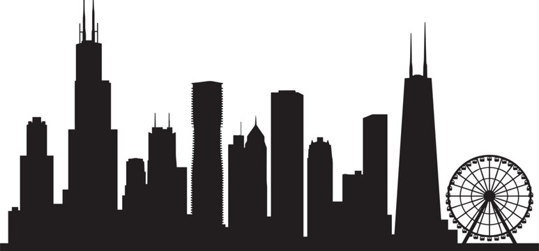 Chicago city skyline silhouette with skyscrapers and ferris wheel, urban landscape panorama, illinois famous travel landmarks