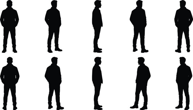 Collection of man standing silhouettes from various angles, male character poses in casual clothes, front back and side view