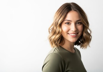 Obraz premium Beautiful Young Woman with Wavy Brown Hair Smiling Confidently Against a White Background with Copy Space