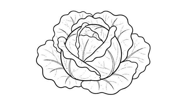 Detailed line drawing of a fresh green cabbage head with line art vegetable agriculture carotene culinary illustration ingredient nutrition