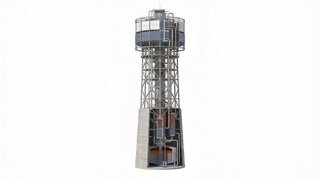 Highly Detailed 3D Cross-Section Render of a Concentrated Solar Power Tower on White Background