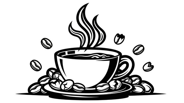 Black and White Illustration of Steaming Hot Coffee Cup with Roasted Coffee Beans