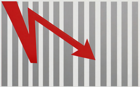 Red arrow points downward on a rising bar graph indicating decline.