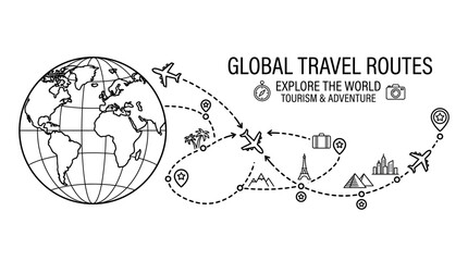 Hand drawn travel map illustration with globe and flight routes. © takon mboke