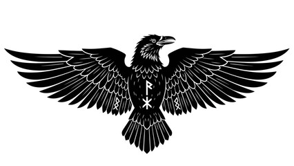 Fototapeta premium Nordic Raven Silhouette with Runes Symbol