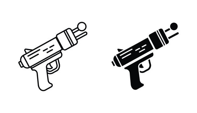 Retro science fiction ray gun weapon icon set featuring classic space blaster design in linear and solid black vector format for vintage gaming and futuristic space adventure graphic projects