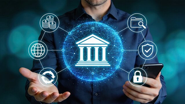 Fintech mobile banking concept showing secure financial transactions on smartphone, digital wallet app with bank building icon, money transfer and cybersecurity protection shield