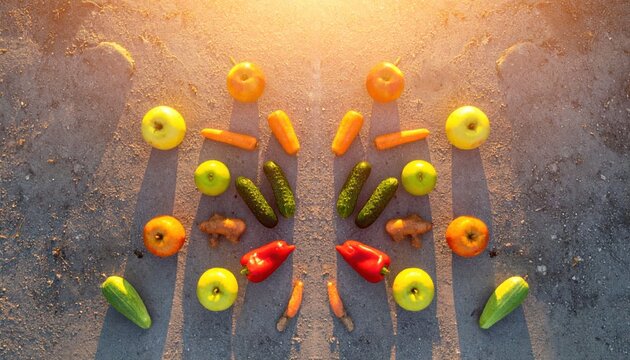 Fresh Assortment of Organic Vegetables and Fruits Arranged Outdoors.