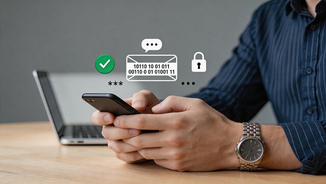 Man holding smartphone with encrypted message and security icons, binary code email, password protection, cyber safety concept, digital communication, private chat,