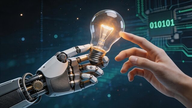 Robot hand giving glowing lightbulb to human hand representing transfer of artificial intelligence ideas, technological innovation and future automation solutions enhancing human