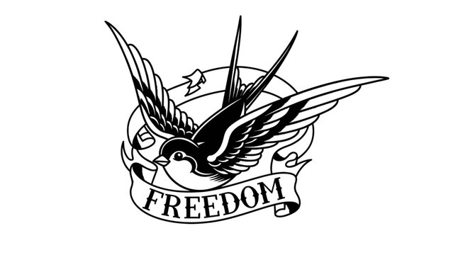 Old School Traditional Swallow Bird Tattoo Design with Freedom Banner