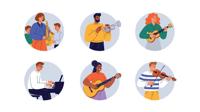 Set of diverse people playing various musical instruments, showcasing different talents and hobbies in a creative and artistic way.