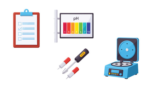 Scientific laboratory equipment and tools for chemical analysis and research, including a clipboard, pH scale, centrifuge, and test tubes.