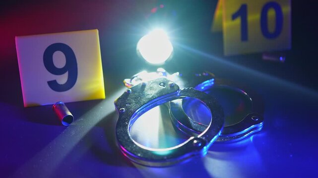 Crime Scene restricted area for investigation with yellow evidence markers. Educational concept of bullet shells casing with flashing police lights at night. Fire truck or police flashing lights.