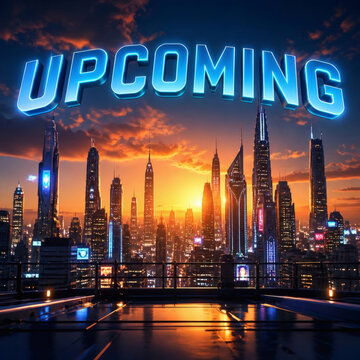futuristic cityscape at dusk with neon lights and bold upcoming typography sleek skyscrapers wide angle urban photography electric blue metallic font contrasting sunset high tech skyline anticipation