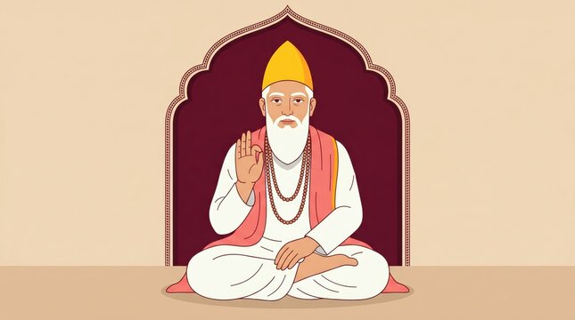 Minimalist of saint kabir das in meditative pose with traditional indian archway mystic meditation sant kabirdas
