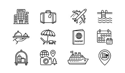 Hotel and vacation outline icon set travel tourism and hospitality vector isolated on white background © MdRakib
