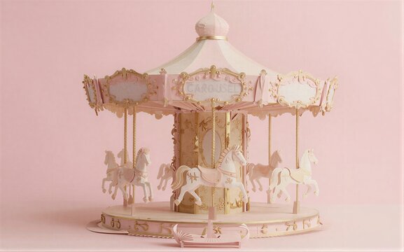 Pink carousel with white horses and gold accents against a soft pink