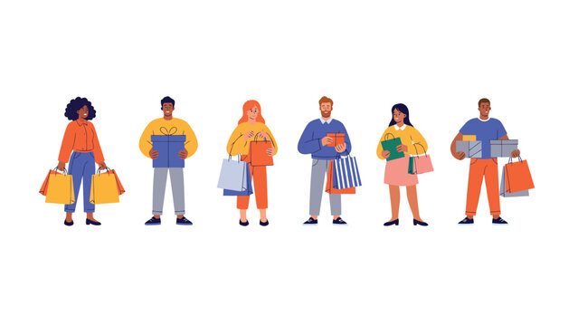 Diverse group of people holding shopping bags and packages, illustrating consumerism and retail activity.
