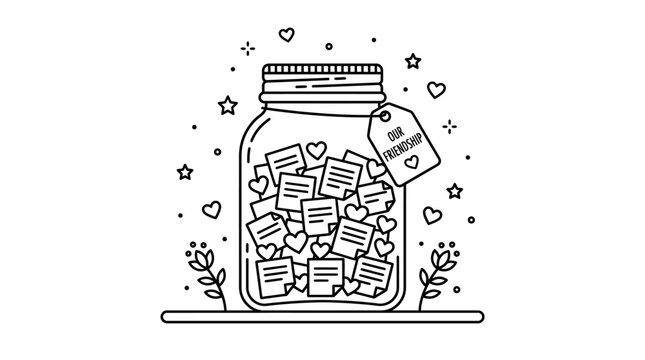 Line art illustration of a glass jar filled with love notes and hearts.