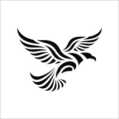 Fototapeta premium Black silhouette of an eagle flying on white background with minimalist art style.
