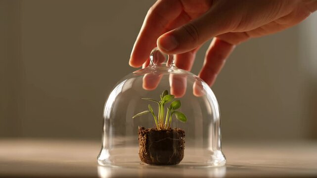 Small seedling under glass dome, hand lifting cover for growth and protection concept, glass dome over plant growth title