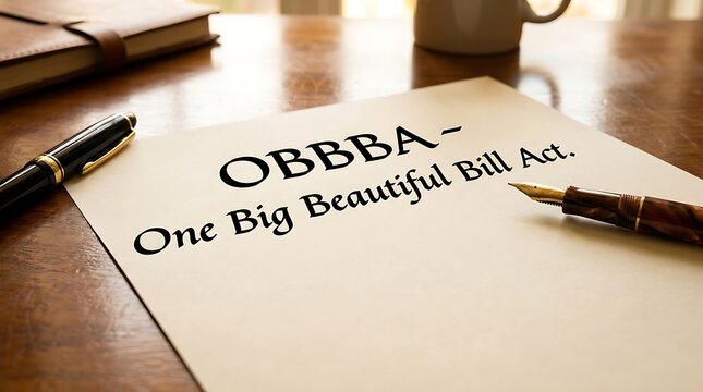 A close-up view of an OBBBA bill on a wooden table with a pen