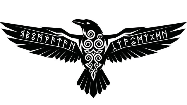 Norse Raven with Celtic Knotwork and Runes Illustration