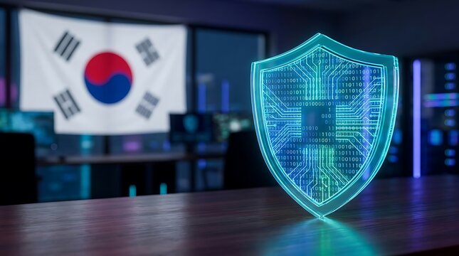 A glowing blue shield with circuit board design sits on a table in a dark room with a large South Korean flag displayed on a screen in the background.