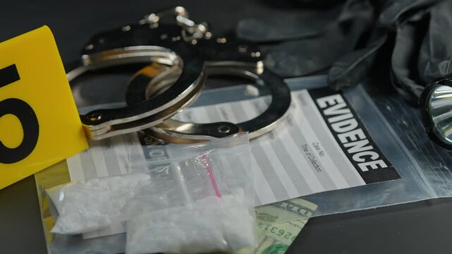 Illegal drugs and cash with handcuffs and tactical police flashlight crime scene Criminal activities. Drugs and money on black background. Educational concept of Opioid crisis, growing national trend.