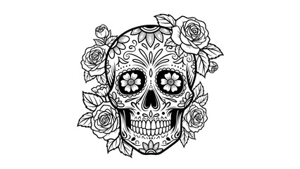 Fototapeta premium Sugar Skull with Roses Floral Decor Line Art Illustration