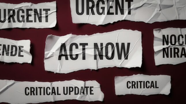Torn paper pieces with urgent, critical, and action-oriented words like "ACT NOW," "URGENT," and "CRITICAL UPDATE" on a dark background.