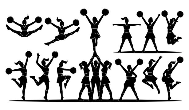 Cheerleader silhouettes vector collection with synchronized cheer dance and stadium performance poses