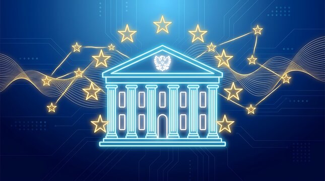 A futuristic illustration of a government building with stars and constellations in a digital night sky.