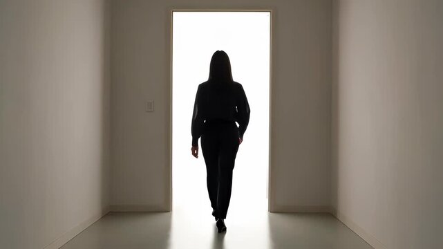 Silhouette woman walking in empty hallway toward bright doorway, backlit standing dark silhouette facing bright doorway
