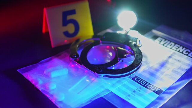 Illegal drugs and cash with handcuffs and tactical police flashlight crime scene concept. Educational concept of criminal activities. Drugs and money on black background. Opioid crisis, growing nation