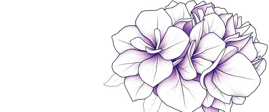 Elegant line art drawing of a hydrangea flower, showcasing delicate petals and leaves, delicate, wedding