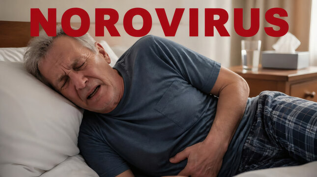 norovirus symptoms in elderly man severe stomach pain abdominal cramps and distress while lying in bed realistic healthcare photography of senior suffering from gastroenteritis pale skin gripping abdo