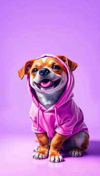 pixel art, cute dog, pink hoodie, winking, mobile phone, light purple background, playful, charming, cyberpunk, neon, dutch angle,  illustration,  retro