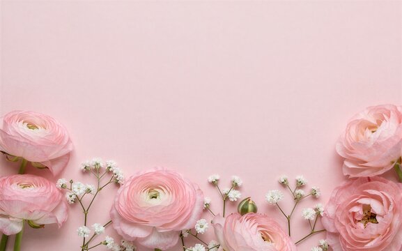 Pink ranunculus and baby's breath flowers arranged on soft pink