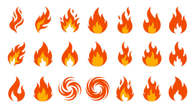 Set of various stylized fire flame icons designed as flat vector illustrations for creative graphic design projects and web elements