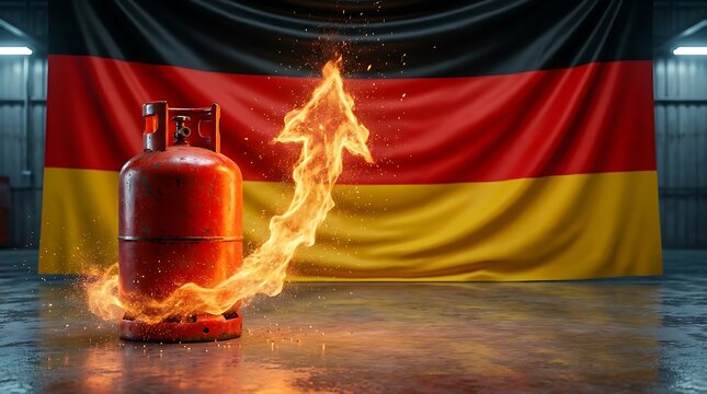 A burning gas cylinder stands in front of a large German flag hanging on a wall in a dark room.