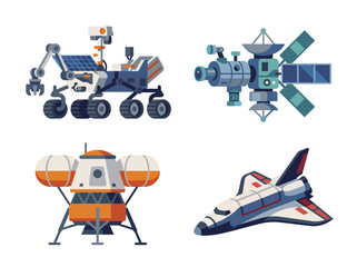This illustration showcases various space exploration vehicles, including a rover and lander, representing humanity's quest for knowledge beyond our planet. © nan sun