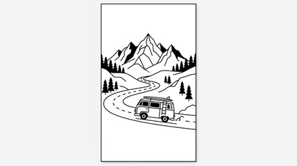 Line art illustration of a vintage camper van driving on a mountain road. © sumi ari