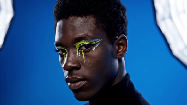 A close-up portrait of a person with dark skin and short hair, wearing creative makeup with bright colors on a blue background, exuding a sense of con