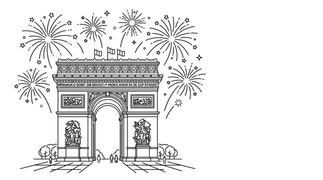Line art illustration of the Arc de Triomphe in Paris with festive fireworks.