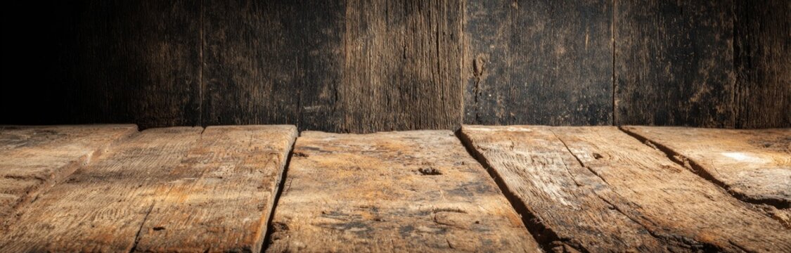Rustic wooden planks form a tabletop against a blurred, dark wooden wall background