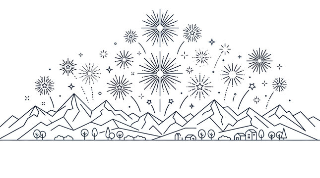 Minimalist line art illustration of fireworks over a mountain landscape.