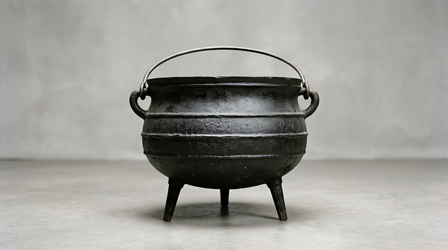 Vintage black cast iron cauldron with handle on grey background cauldron container culinary traditional cookware homeware