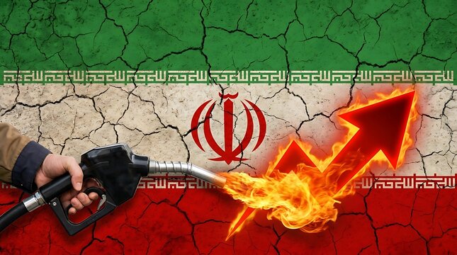 A hand holds a gas pump nozzle with flames and an upward arrow on the cracked Iranian flag background.